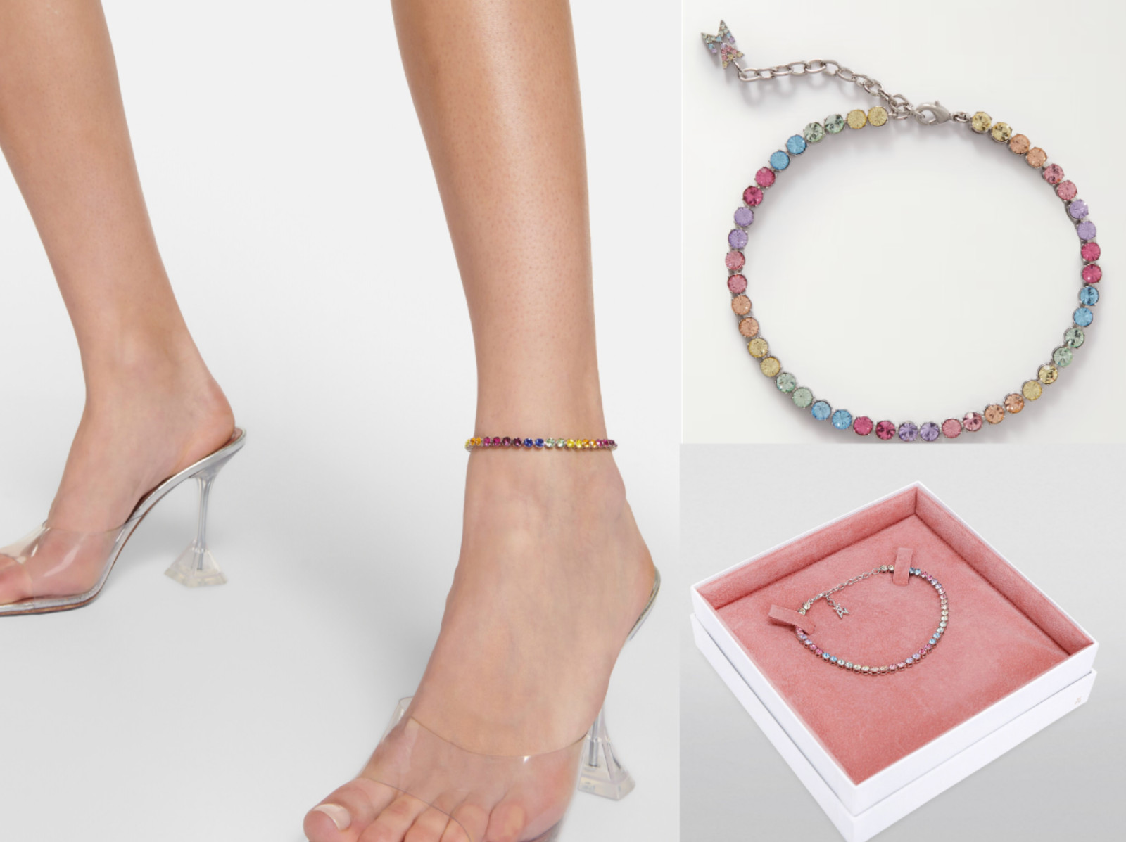 Amina Muaddi Tennis Crystal Anklet Foot Chain Silver Candy Rainbow Necklace New