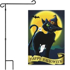 NEW G128 Garden Flag Happy Halloween Black Cat 12x18IN Garden Flag Stand Black
