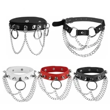 Fashion Leather Adjustable Choker Necklace Neck Collar with Ring Chain