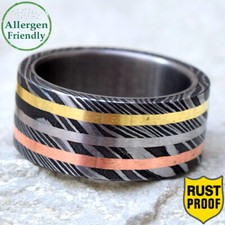 Customized Triple Inlay Brass Copper Silver Damascus Steel Ring Sleeve Mens Band