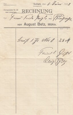 SCHLATT, Rechnung 1928, August Betz Mühle