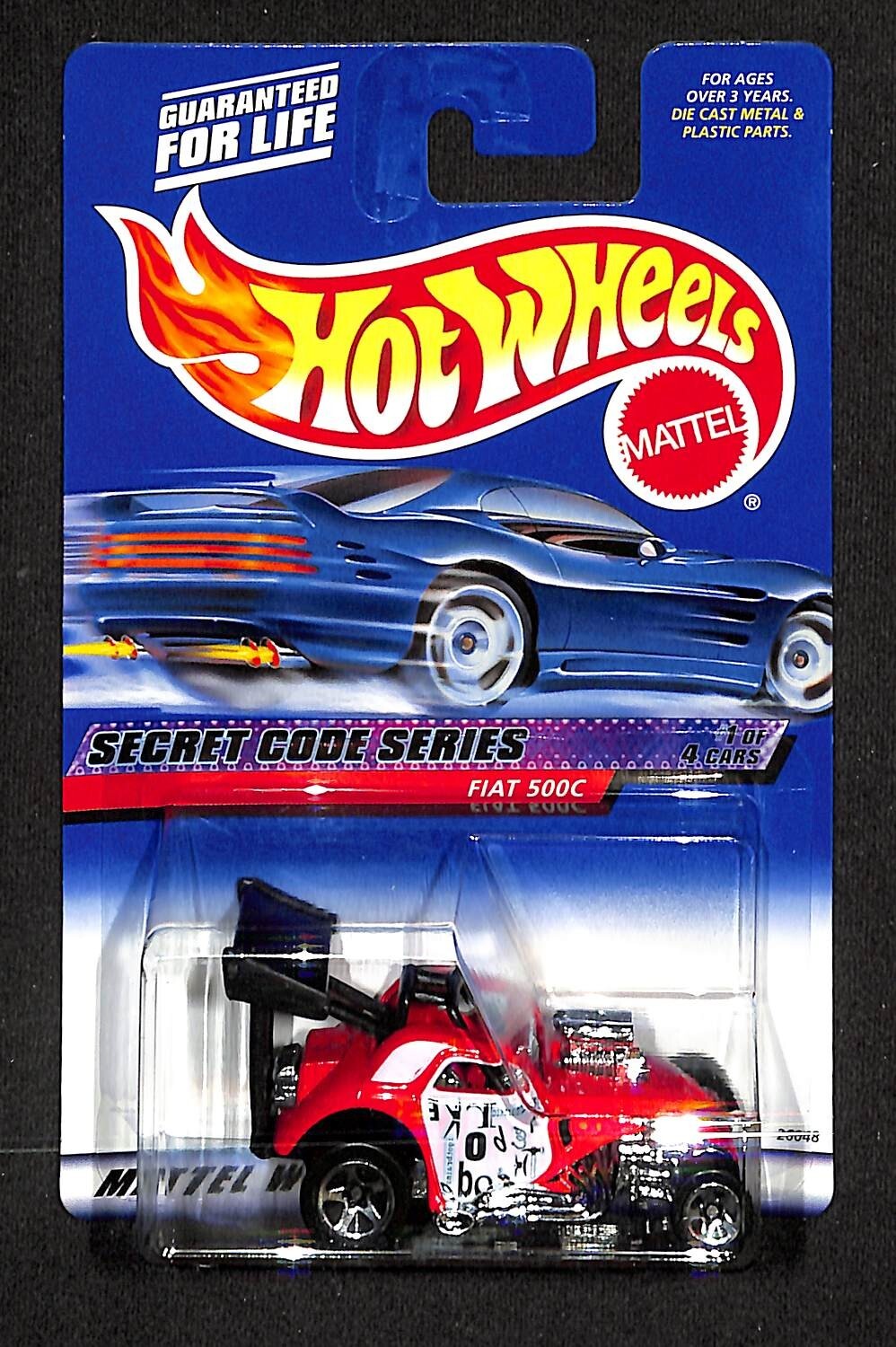 2000 Hot Wheels #45 Secret Code Series 1/4 FIAT 500C Red w/Chrome 5 Sp 2001-Card