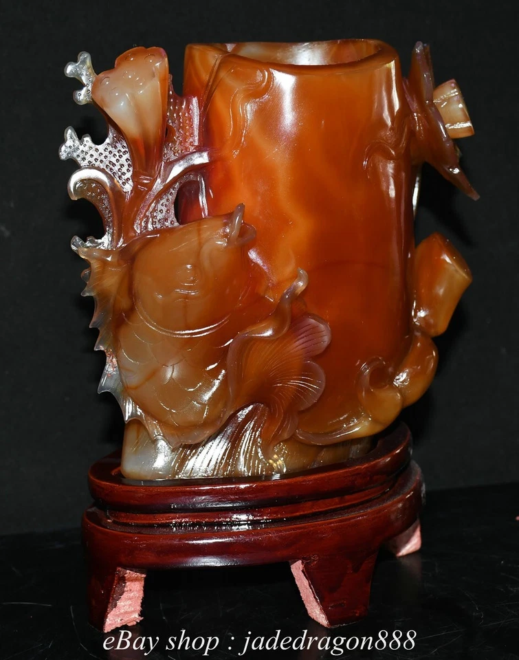 Jarrón lápiz maceta cepillo de flores de loto pez talla ágata roja marca china de 8,4" Foto 4 de 4