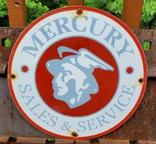 VINTAGE MERCURY SALES & SERVICE PORCELAIN GAS STATION PUMP ADVERTISING SIGN