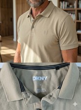 DKNY Men's Beige Polo Shirt L Short Sleeve Button Logo Knit Casual COD0145 