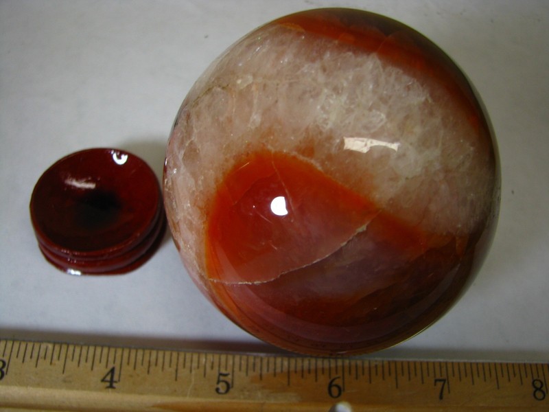 1.21b 2.8in CARNELIAN AGATE AND QUARTZ SPHERE ORANGE/REDS/WHITE MADAGASCAR #211