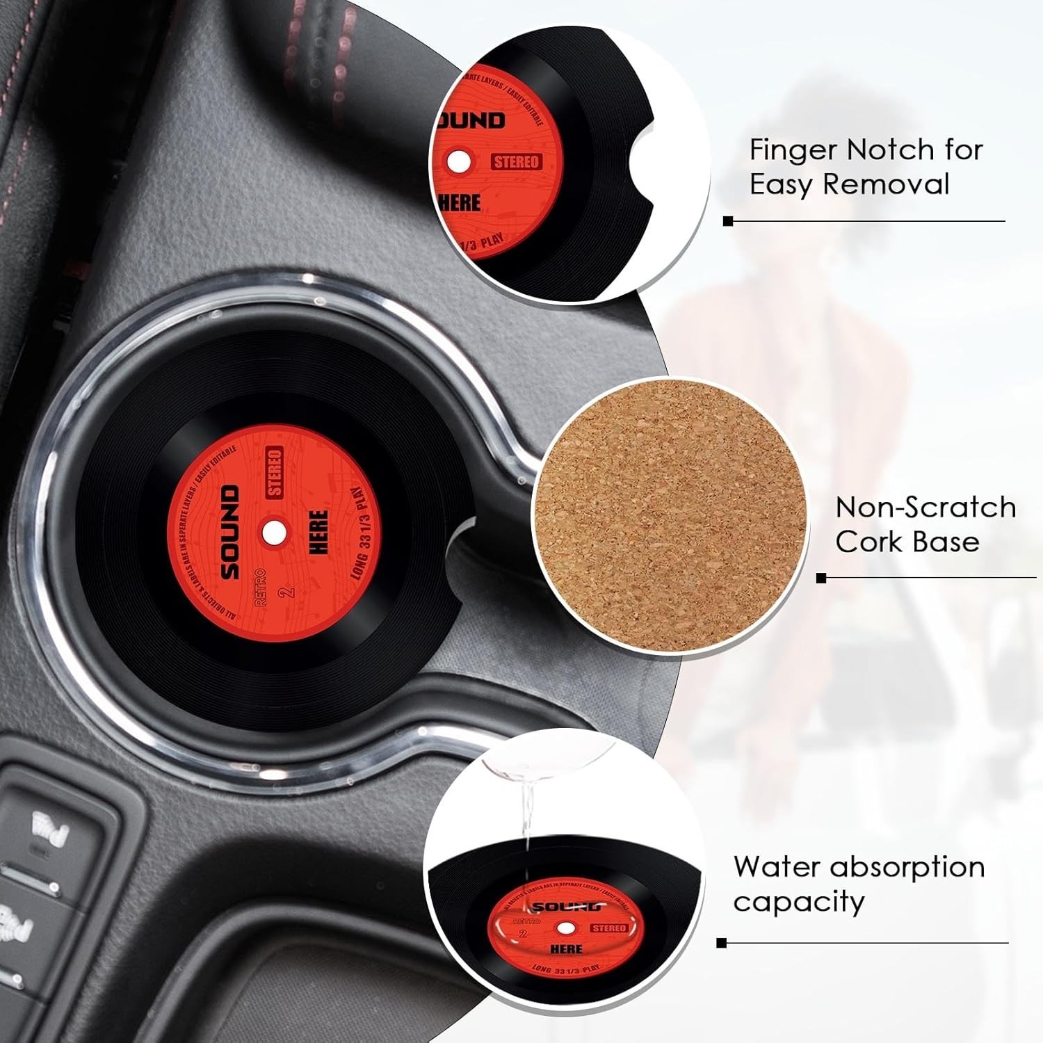 2 Pack Car Coaster, Absorbent Ceramic Stone Cork Base Drink Coasters 2.6 Inch...