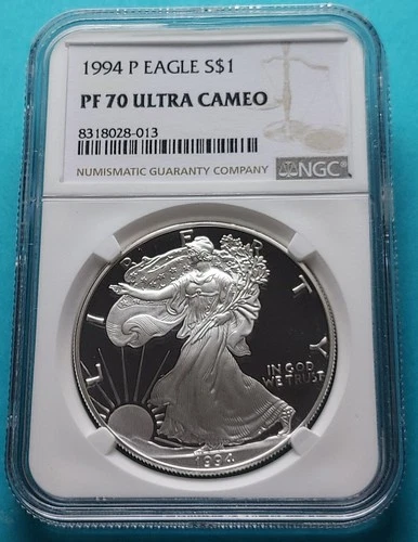 1994 P American Silver Eagle  PF 70 Ultra Cameo .999 Fine Silver  Brown Label