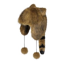 Winter Kid Thermal Faux Fur Raccoon Tail Hat with Pompoms Plush Small Brown