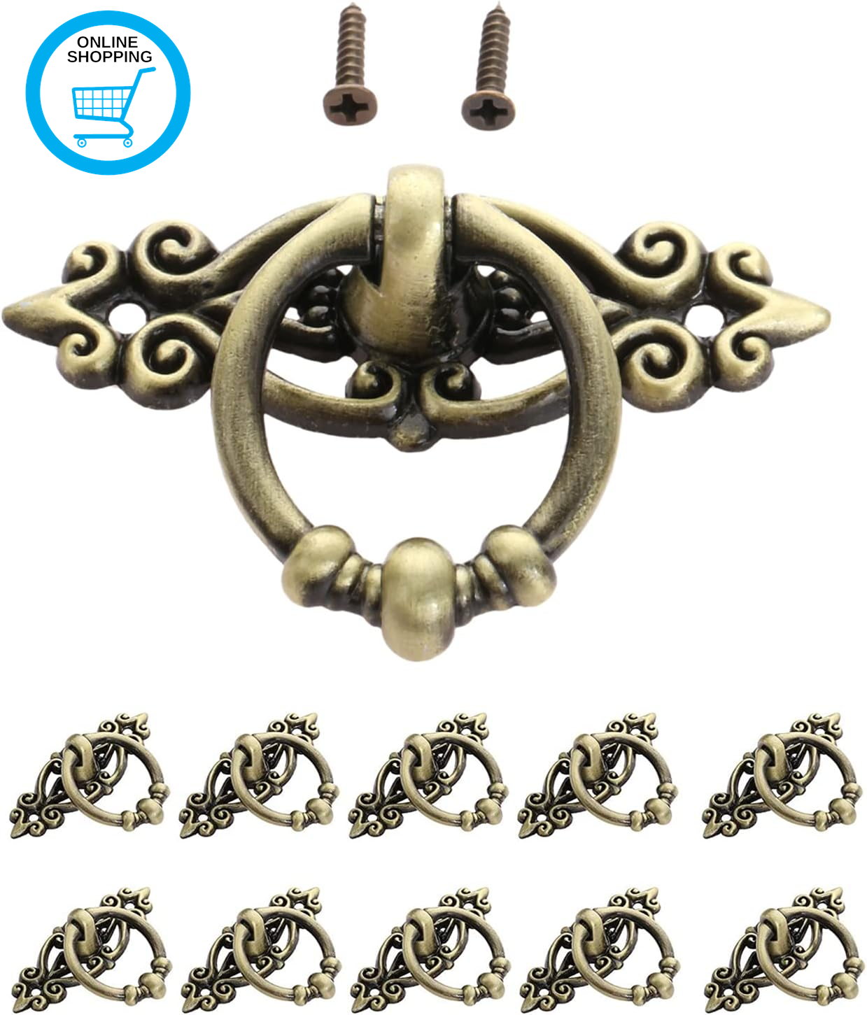 Drawer Ring Pull Handles, 10PCS Antique Ring Pull Handle Retro Drawer Knobs with
