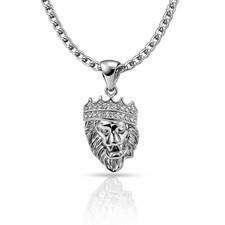 925 Silver Layered CZ Lion Crown Pendant w/ 3mm Curb Chain 24" Necklace Iced Out
