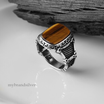 Lncs s925 Signet Tyger Eye Ring 箱付き Tiger's Eye Signet Ring for Men Solid 925 Sterling Silver | eBay