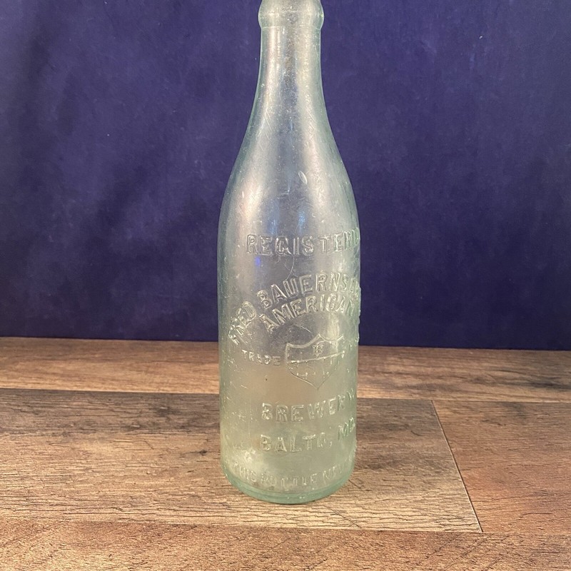 Registered Fred Bauernschmidt American Brewery Balt. MD Embossed Glass Bottle