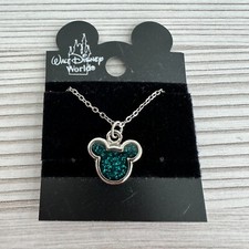 Vintage Silver Tone Mickey Mouse Green Glitter Necklace from Disney World