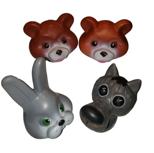Vintage Anthromorphic Kitschy Rubber Animal Heads. Bunny Wolf Bear Craft Sewing 