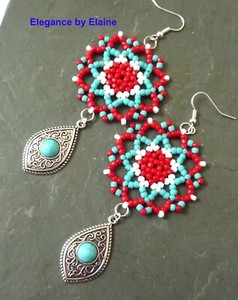 Turquoise Red White Beaded Turquoise Drops Handwoven handcrafted earrings Mandal