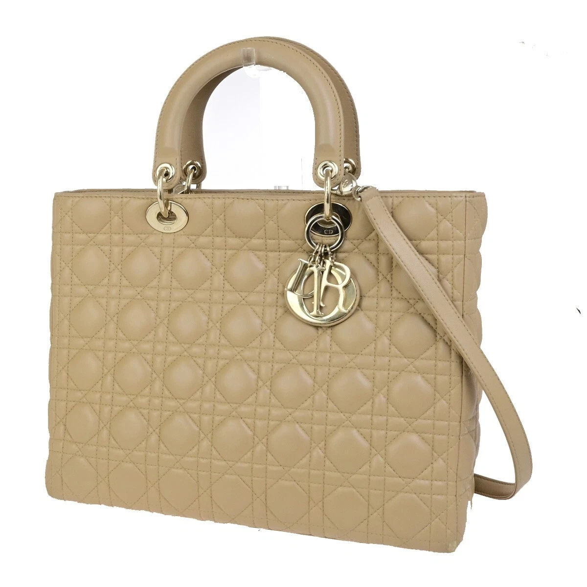 Sac fourre tout bandoulière CHRISTIAN DIOR Lady Cannage 2 voies cuir beige 689RK841