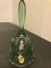 Fenton Art Glass Forest Green Bell Hand Painted Floral Design Artist Signed