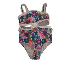 Nicole Miller Floral One Piece Swimsuit Ruffle Trim Cut Out Girls Size 5 New