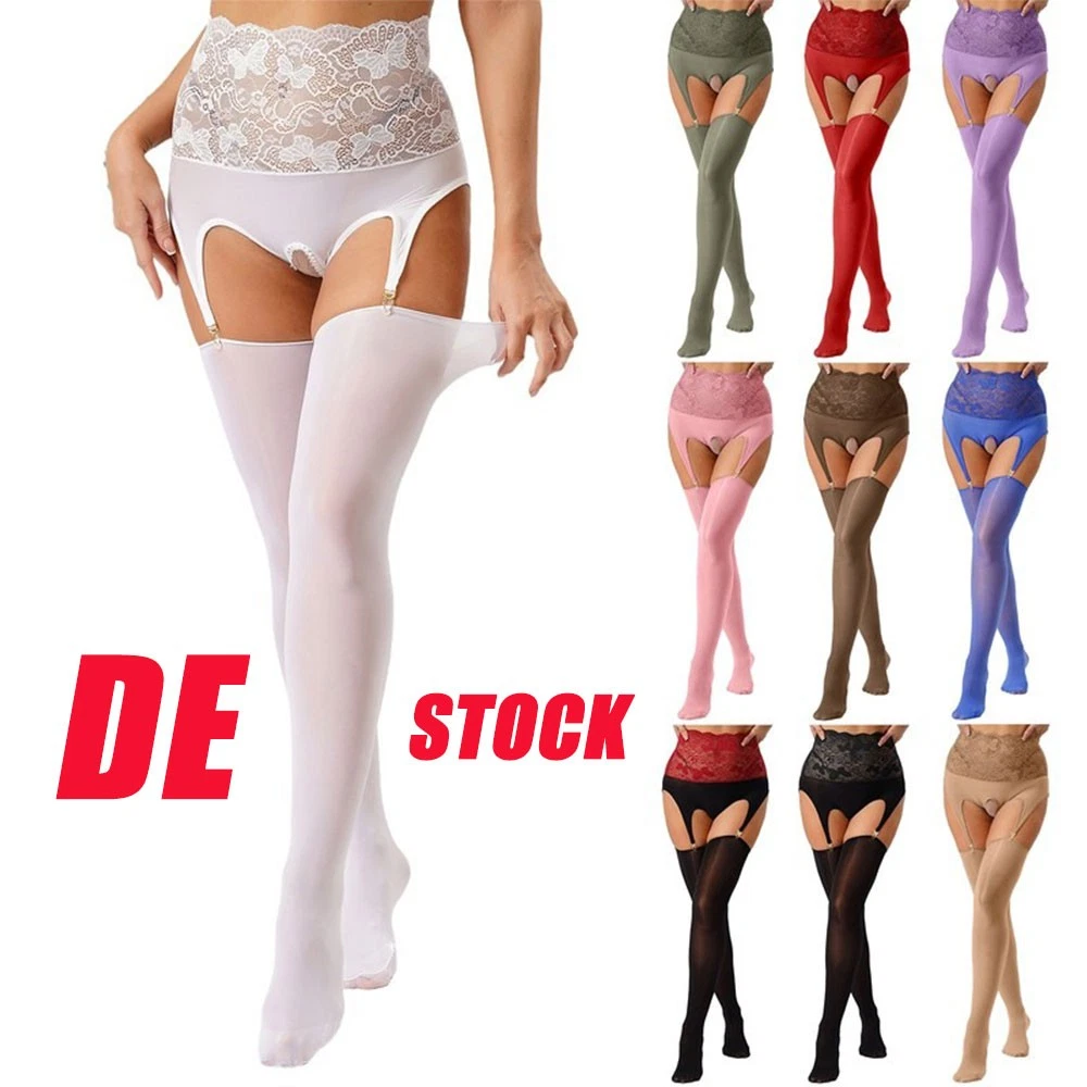 DE Damen Strapsstrümpfe Sexy Glanz Nylon Strümpfe Mit Strumpfband Sexy Strapse