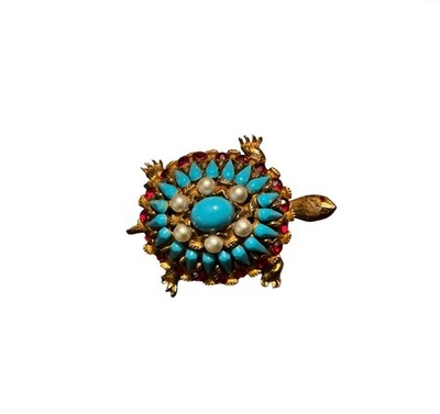 HAR Turtle Tortoise Pin Brooch Turquoise Pearls Ruby Red Rhinestone book piece