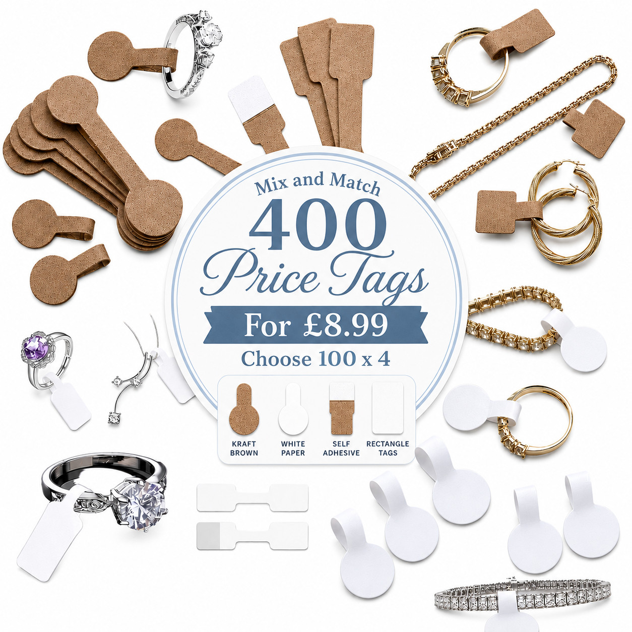 400 Mix & Match Jewellery Price Labels Tags Brown & White Round Rectangle