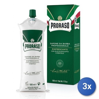 3X Proraso Rasiercreme Tube 500 ML. Grüner Erfrischender