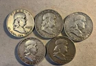 Franklin Siver Half Dollars 1949 -1954 Mixed lot of 5 Coins