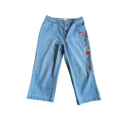 Bill Blass Blue Jeans Vintage 1990s Size 10 Embroidered Flowers Cotton Rave Kid - Image 1 of 4