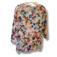 A New Approach women's petite multicolor splatter semi-sheer tie VNeck Blouse PS