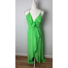 Lime Green High Low Ruffle Maxi Dress Open Back Tassel Tie V-Neck Sleeveless L