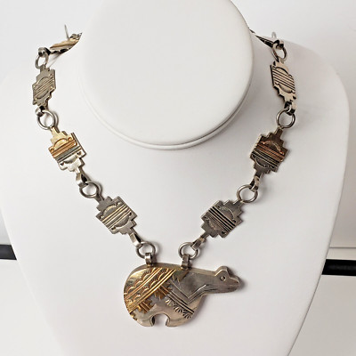 NA Native American Bear Pendant Necklace 925 1/20 12K GF Marie Morgan Navajo 22''