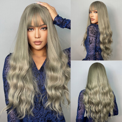 Olive Green Long Wavy Synthetic Wig For Women Wigs With Bangs