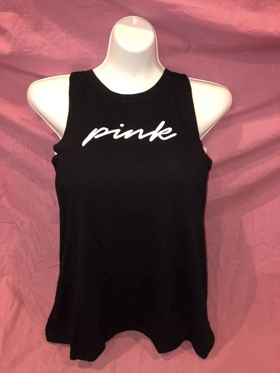 Victoria's Secret PINK Tank Top Loose XS Black Logo Twist Back Shirt New  ❤️❤️❤️