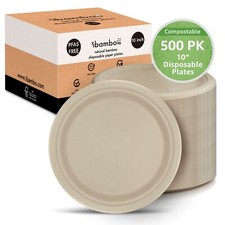 Ibambo Bamboo Disposable Paper Plates - 10 Inch, 500 Pack, Compostable Plates