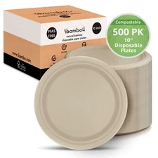 Ibambo Bamboo Disposable Paper Plates - 10 Inch, 500 Pack, Compostable Plates