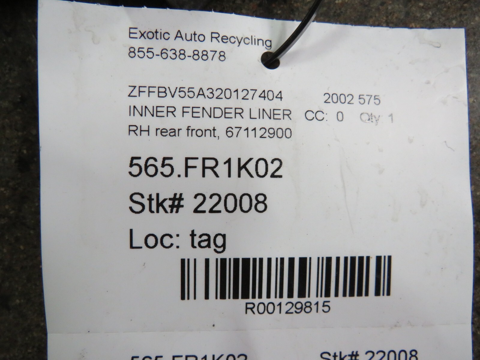 Ferrari 575, RH, Rear Inner Fender Liner, Front Section, Used, P/N 67112900