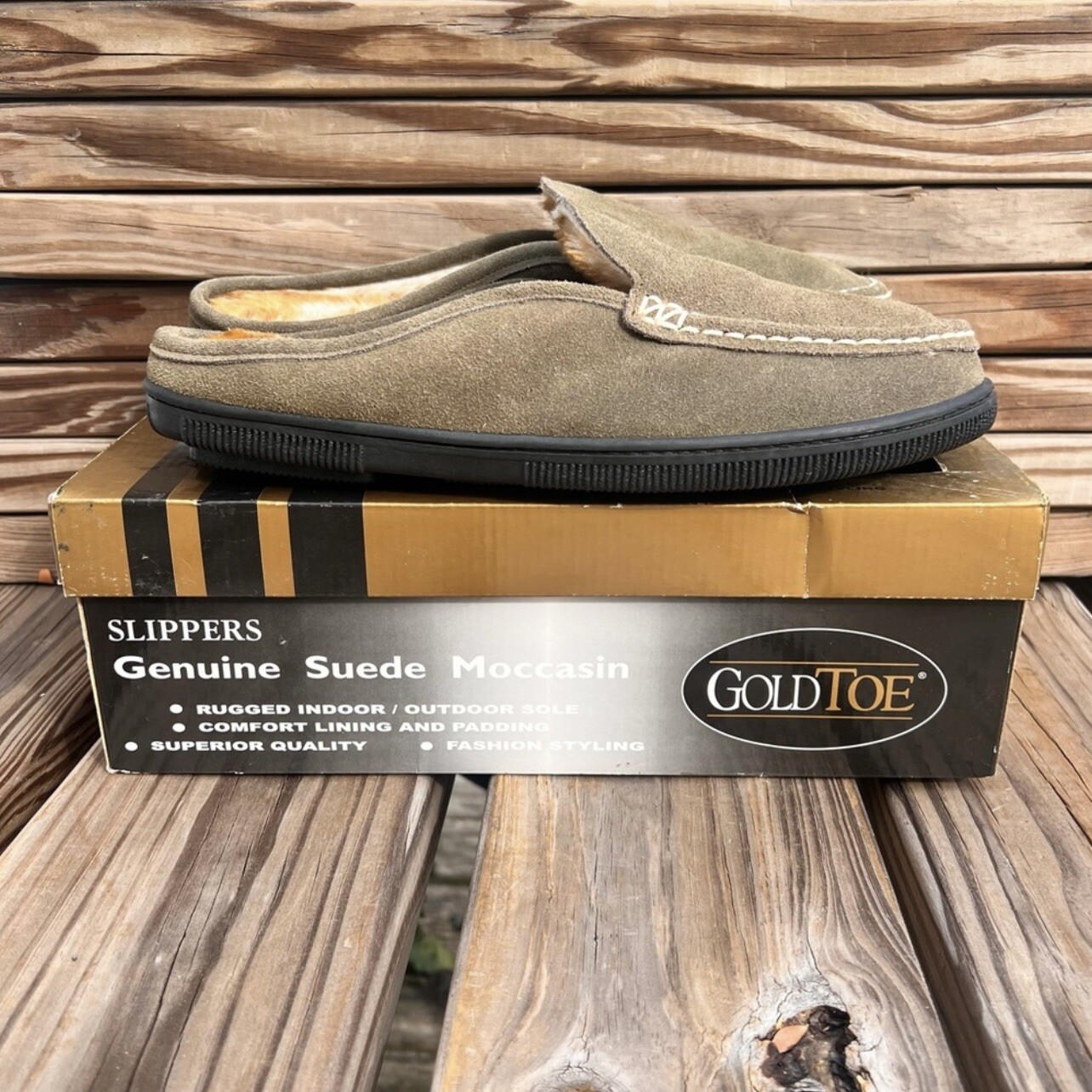 PANTOFOLA D’ORO Pantofole mocassino in vera pelle scamosciata punta oro taglia L! NUOVO!