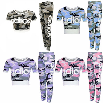 Girls Adios Camouflage Dress Children Crop Top Leggings Sports