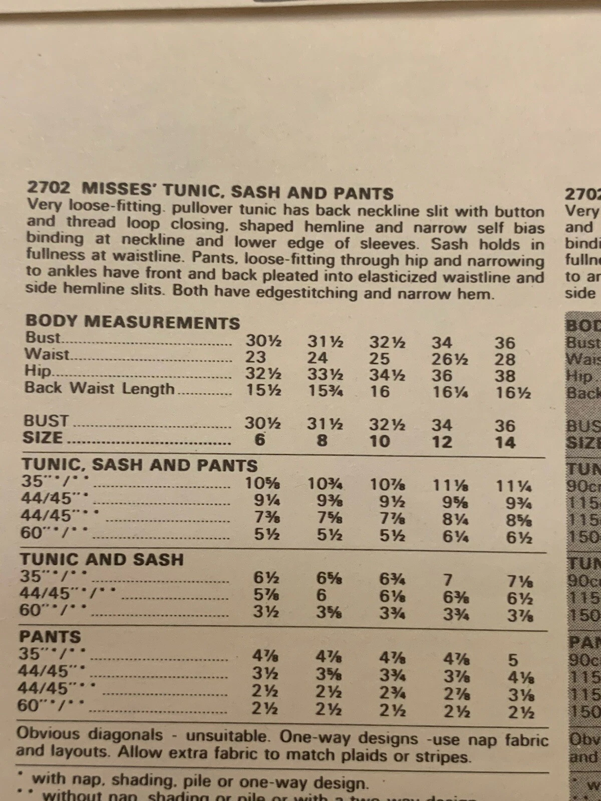 Pantaloni tunica vintage Vogue Gianni Versace modello cucito manca taglia 12 non tagliati