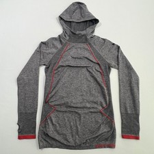 Nike Pro Hyperwarm Pullover Hoodie Women L Gray Crimson Red Seamless Thumbhole