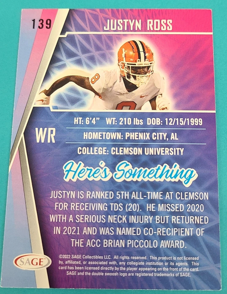 2022 SAGE Green #139 Justyn Ross Clemson Tigers FOOTBALL Card G7 - Image 2 of 2