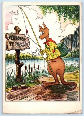Voor Het Kind Anthropomorphic Kangaroo Fishing Signed Artist Vintage Postcard
