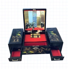 Japanese Black Lacquered Musical Jewelry Box Hand Painted With Mirror Vintage