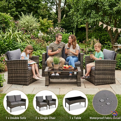 4-teiliges Outdoor Rattan Gartenmöbel Set MixGrau Terrassentisch Stuhl & Kissen