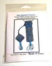 BLUE STYLIZED FLOWERS Beaded RIBBON SCISSOR CASE & FOB with Decorative Beads KIT
