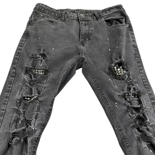 M Society Men's 36x32 Distressed Gray Wash Skinny Jeans Studded Rips Splatter