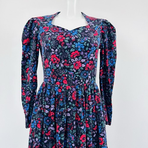 Laura Ashley Vintage Dress Modern UK 8 10 Cord Needlecord Corduroy Floral 1970s
