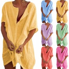 Short Tunic Ladies Linen Sleeve Plus Blouse Top Shirt Shirt Summer Size Women