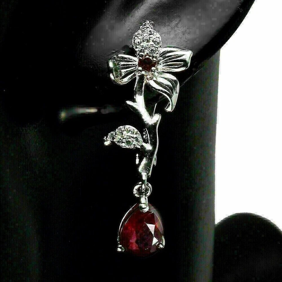Silver Ruby Earrings Pendant Genuine Natural Gems Solid Sterling With Chain - Image 4 of 4